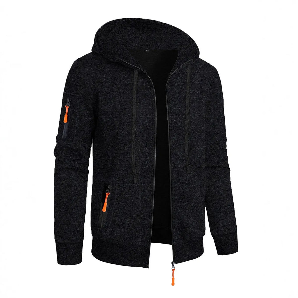 Men's hooded cardigan sweater in polyester jacquard knit, loose fit, long sleeve, solid colour, sizes S to 3XL