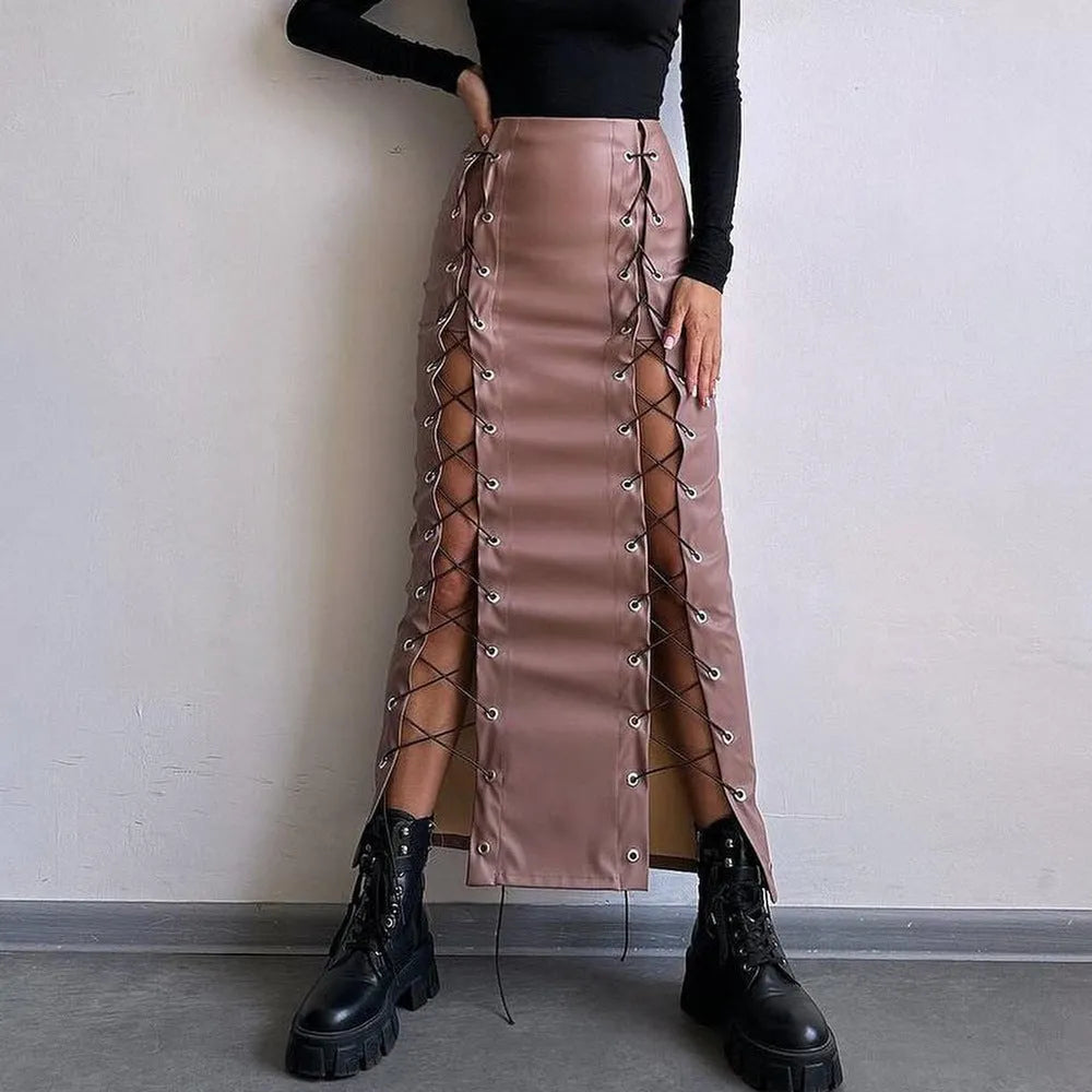 Women's PU leather pencil skirt in black with side slit and lace-up front detail