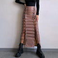 Women's PU leather pencil skirt in black with side slit and lace-up front detail