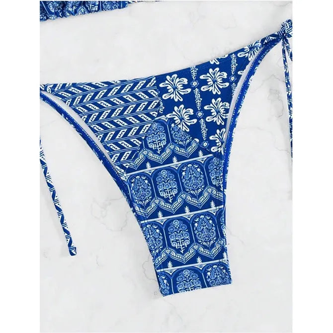 Women's split bikini bandage swimsuit in polyester fabric with printing stitching details