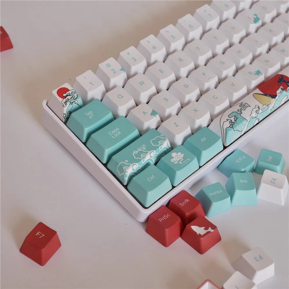 Coral Sea themed PBT keycaps with five-sided sublimation printing for mechanical keyboards