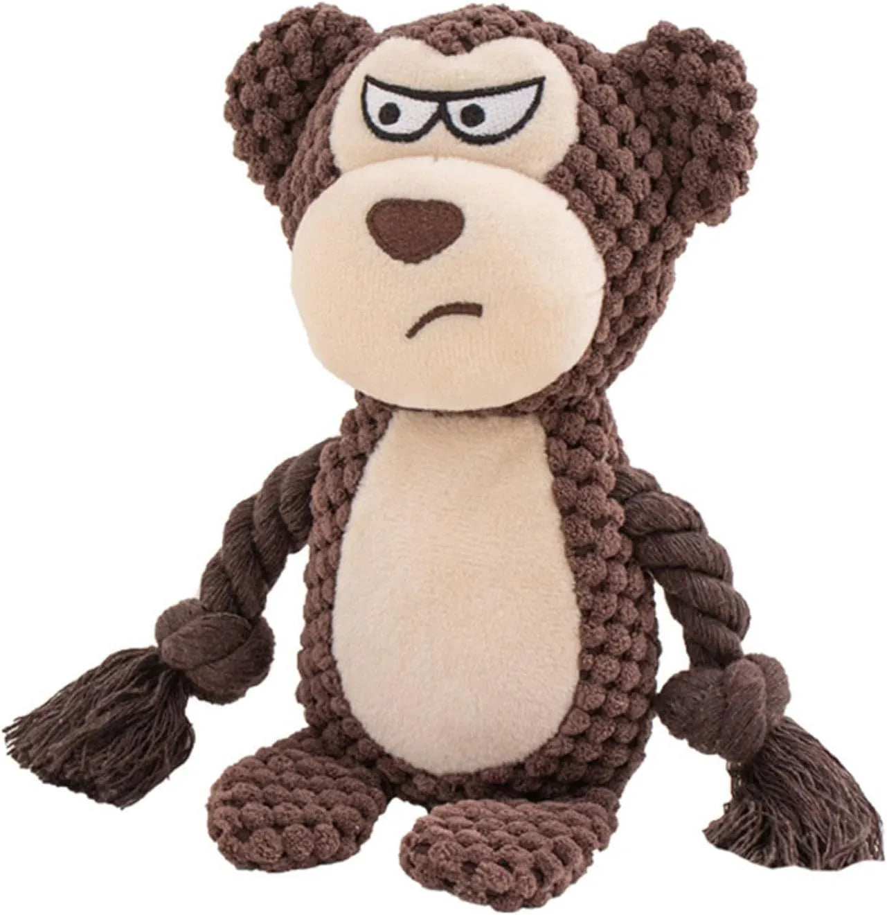 Plush animal dog toy with cotton rope, shown in elephant, fox, monkey, pig, and rabbit designs.