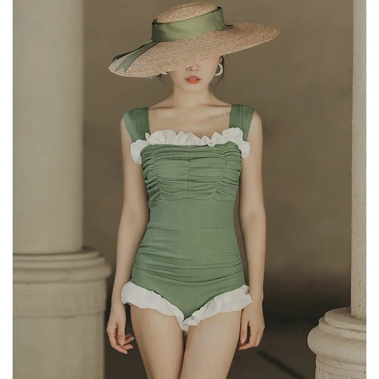 Korean style high-waist one-piece swimsuit in quick-drying polyester