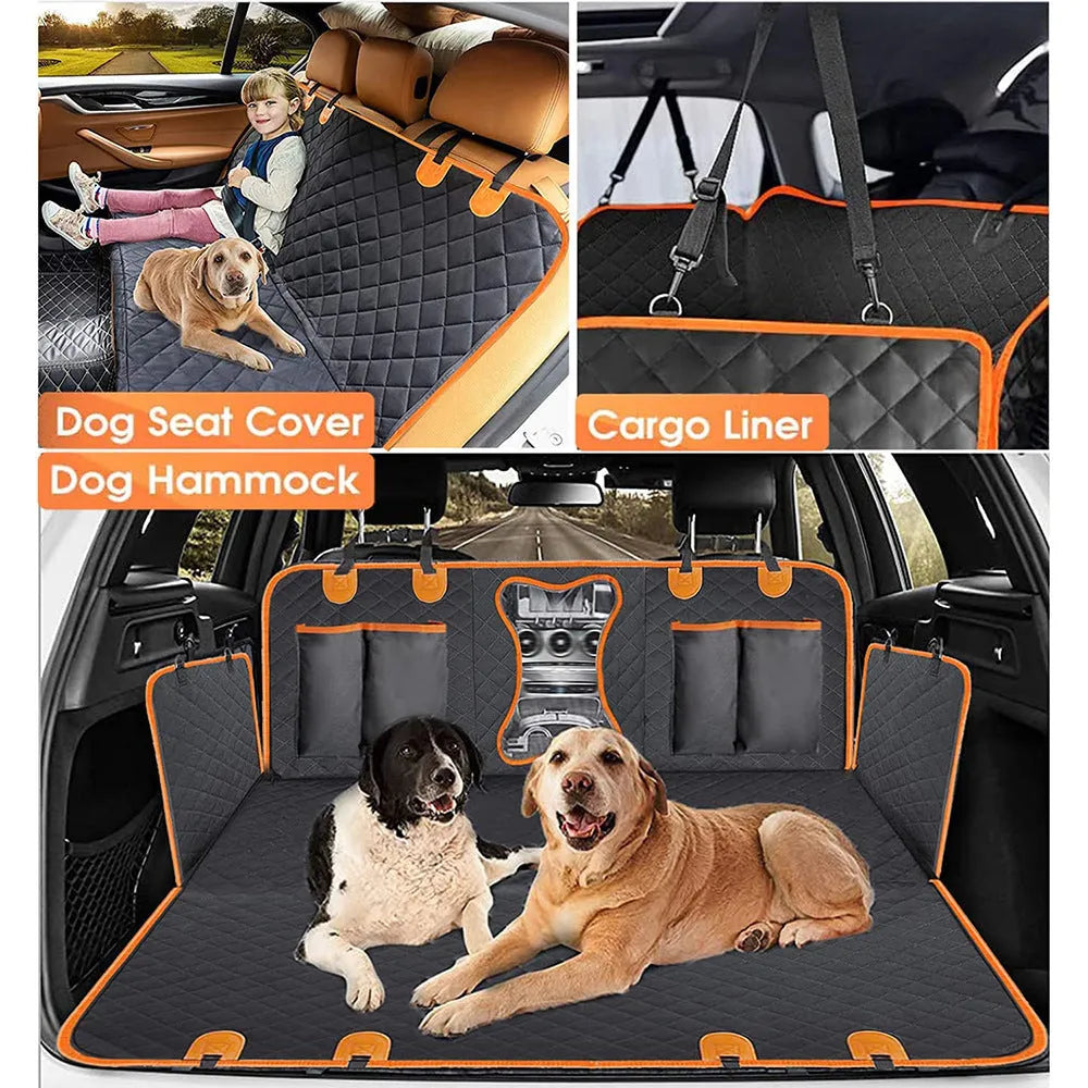 Black and orange waterproof dog car seat cover mat on a vehicle rear seat.