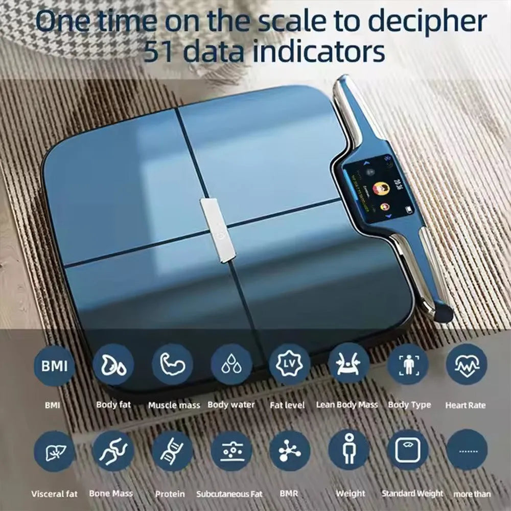 Black eight-electrode body fat smart scale showing digital display.