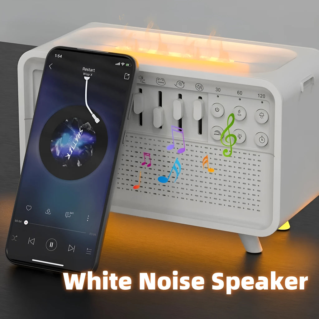 White geometric 3-in-1 Bluetooth speaker, white noise machine, humidifier, and night light unit