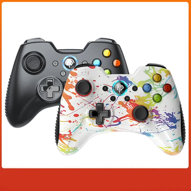 PC wireless game controller in black, green, red, or white with dual mode connectivity and adjustable vibration.