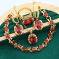 Women's rhinestone jewellery set with zircon inlay on copper with electroplated olive green or red finish