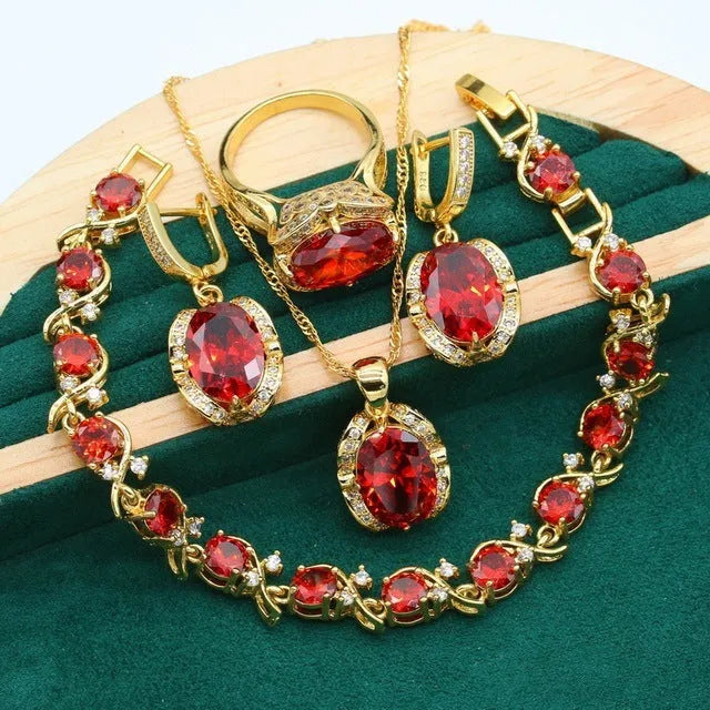 Women's rhinestone jewellery set with zircon inlay on copper with electroplated olive green or red finish