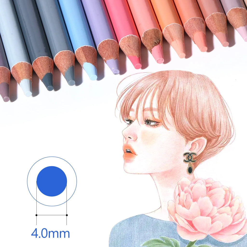 Set of 24 skin colour portrait pencils in an iron box round brush pot.