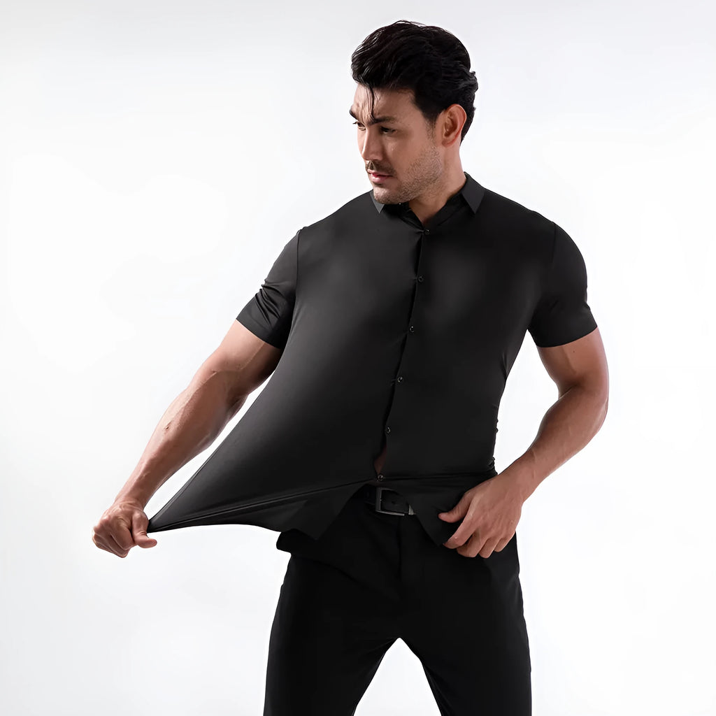 Men's short sleeve elastic shirt in cardigan style, non-ironing fabric, multiple colour options on hanger.