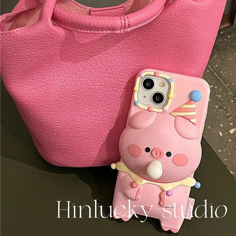 Press bubble blowing cartoon silicone phone case in bubble pig colour for iPhone, featuring three-dimensional relief design