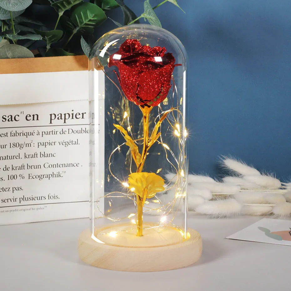 Eternal rose flower under glass cover with warm white LED strip light, six colour options