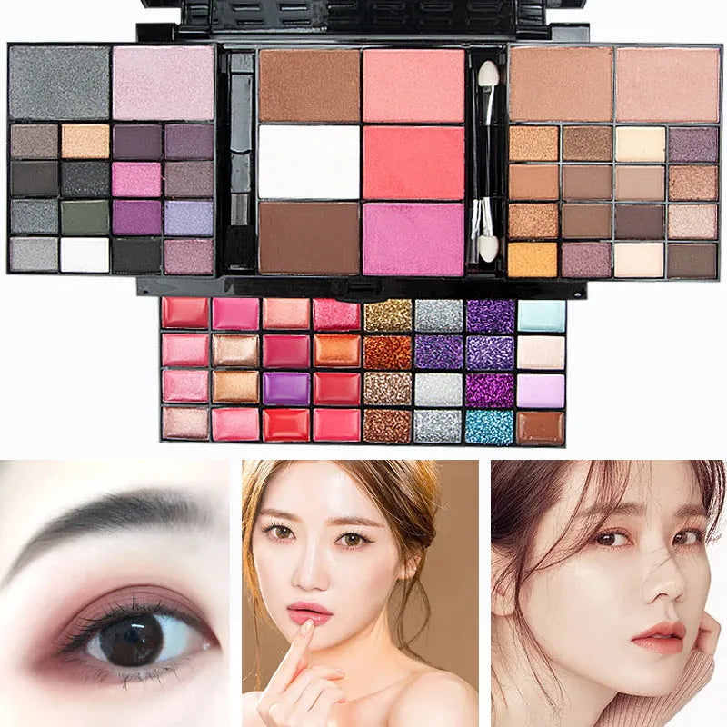 74 colour makeup palette set open to show eyeshadows, lip glosses and brushes in a plastic case with mirror