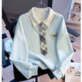 Women's fake two-piece sleeveless sweater top with tie polo collar and plush fabric, blue or gray, cropped length.