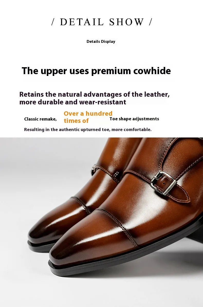 Men's black and light brown leather shoes with square toe design and rubber soles