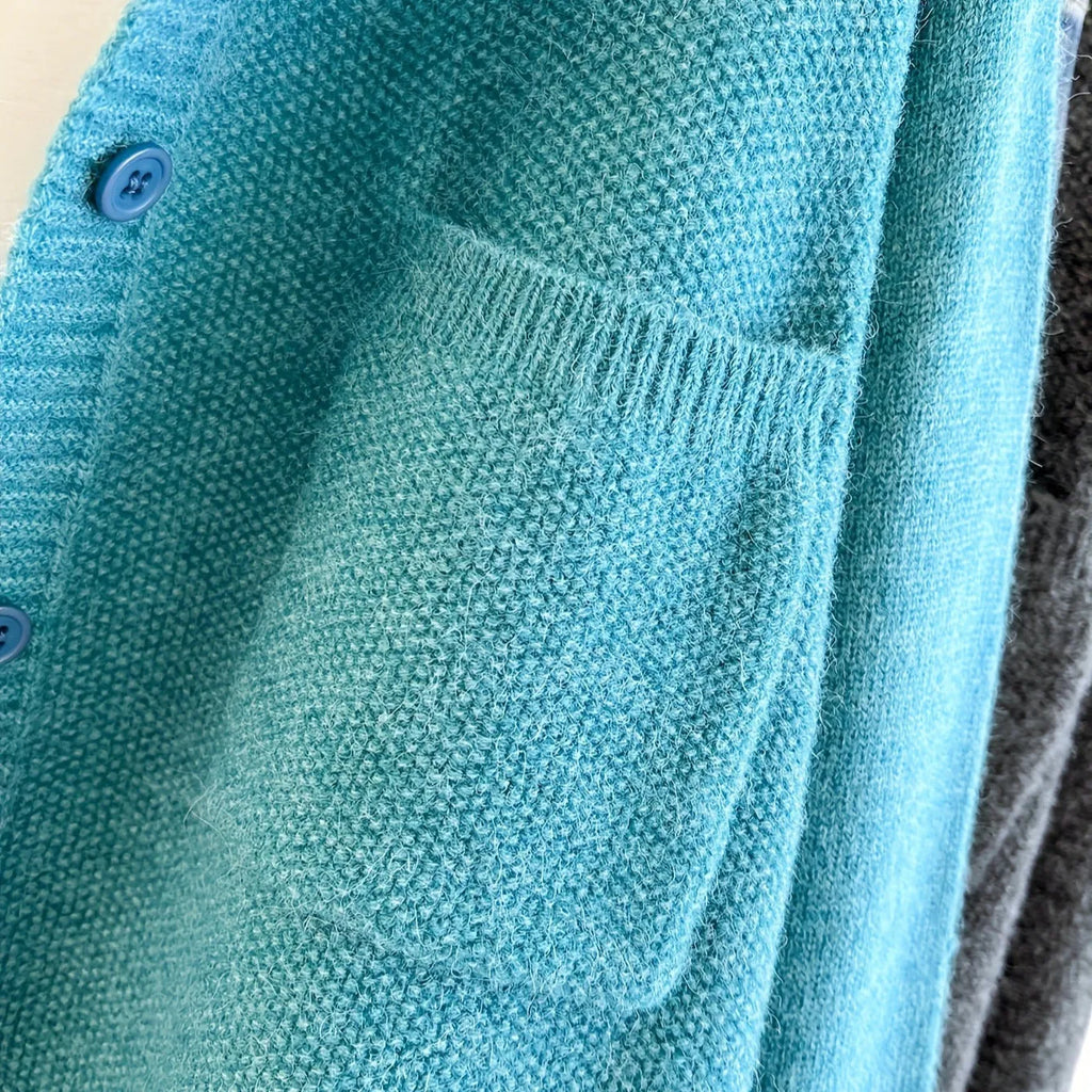 Solid colour round neck cardigan jacket for women in sky blue with button front and princess sleeves