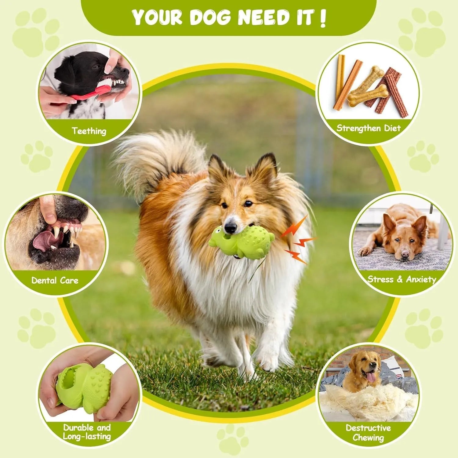 Green and yellow natural rubber squeaky dog toy with treat-fillable hole.