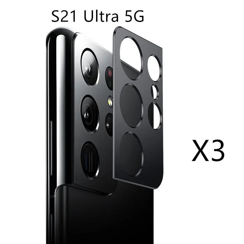 Full-covered aluminum alloy camera lens ring for Samsung Galaxy S21 Ultra 5G in black, 0.7mm thin, with adhesive backing
