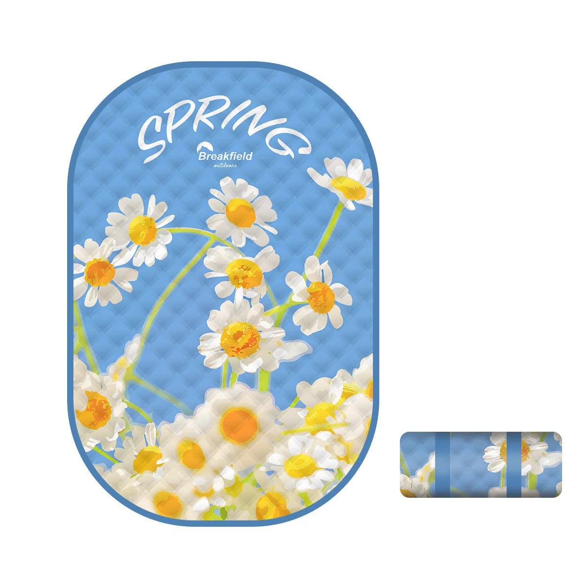 Waterproof thickened picnic mat in a seasonal colour, shown unrolled on grass.