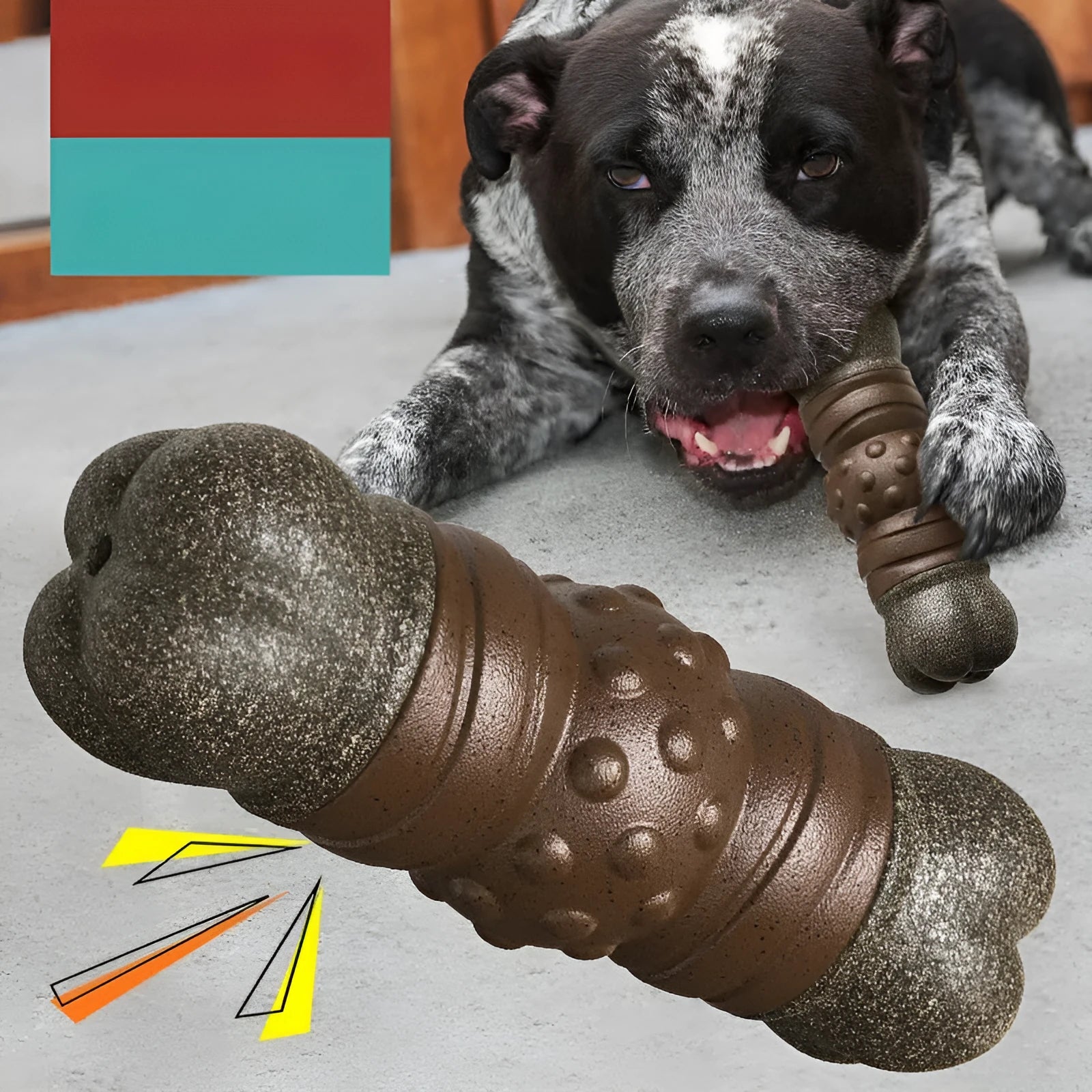 Wood-coloured plastic dog chew toy shaped like a bone with a molar rod.