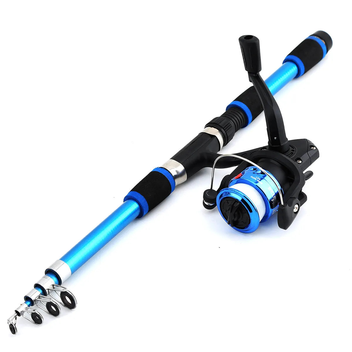 Blue children's fishing rod and reel set with matching tackle box on a grassy bank.