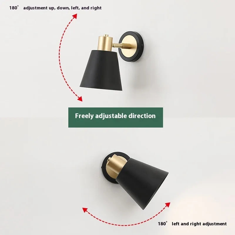 Nordic-style iron wall lamp mounted on a wall beside a bed.