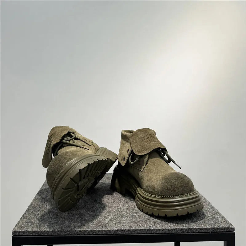 Men's retro distressed cow suede worker ankle boots with thick sole and two-way zip, shown in camel colour.