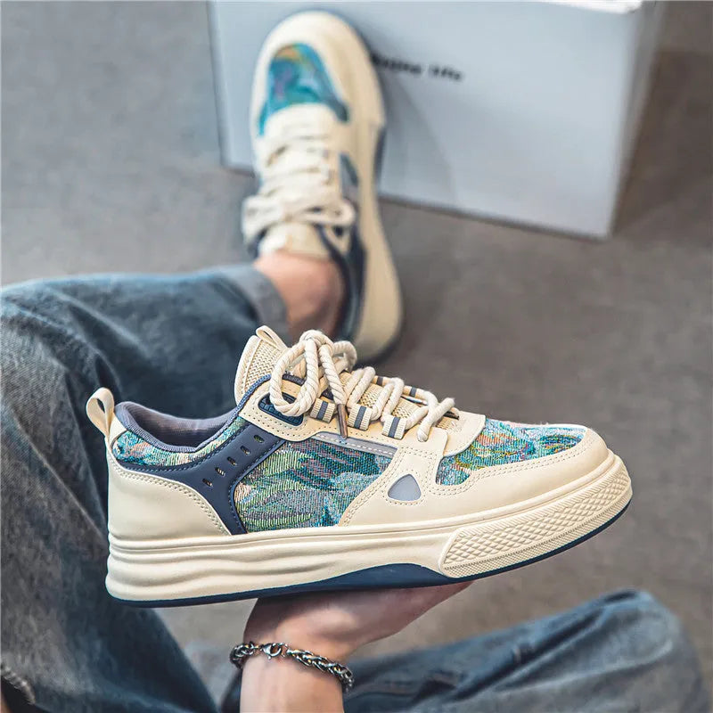 Men's flat heel canvas casual shoes in Milan green and beige colours, showing round toe design.