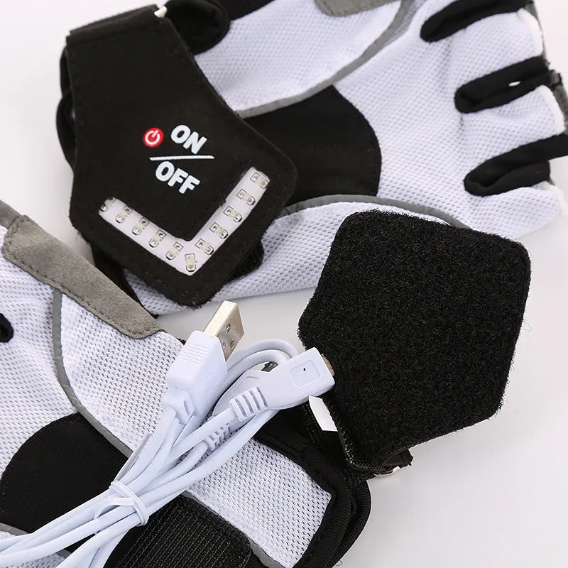 Auto sensing sport riding gloves with LED lights, anti-skid, available in black or white, sizes M L XL