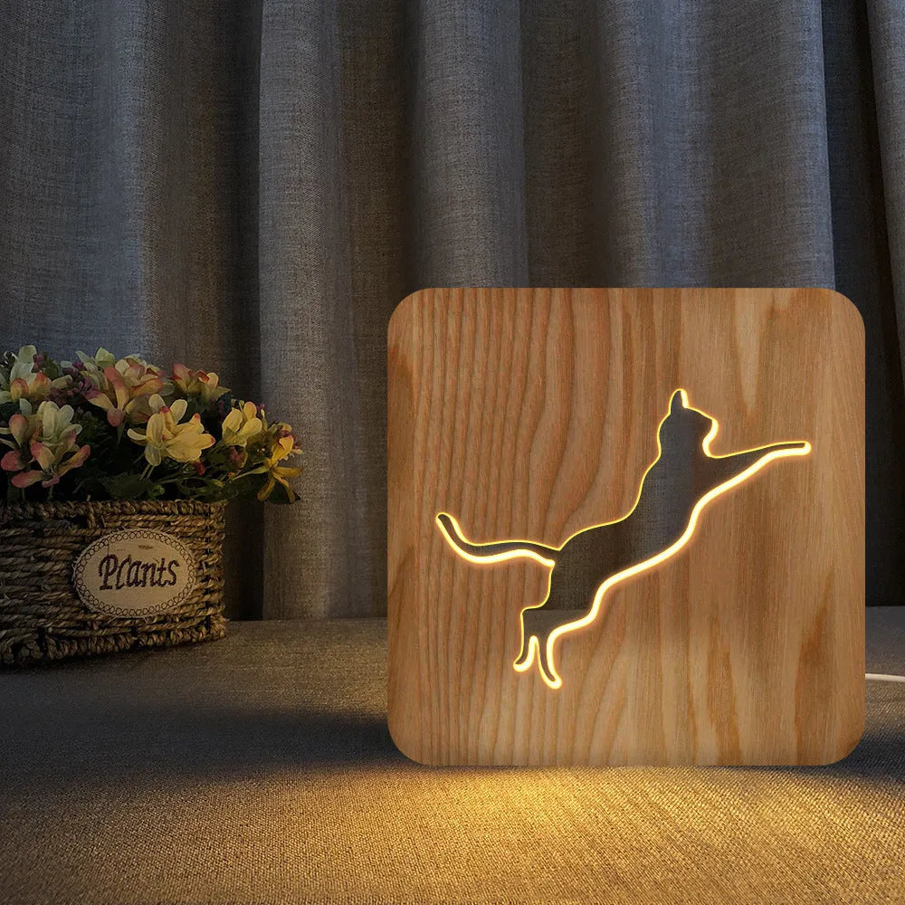 3D cat night light with solid wood hollow design measuring 190mm with USB power cord