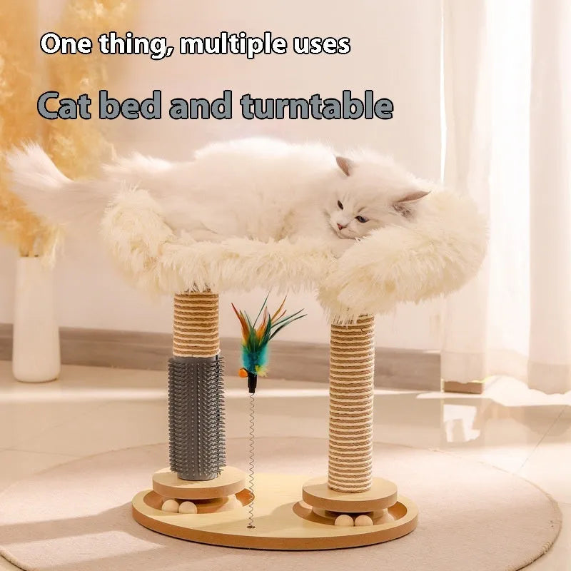 Wooden cat climbing frame with scratch-resistant pillar and double turntable