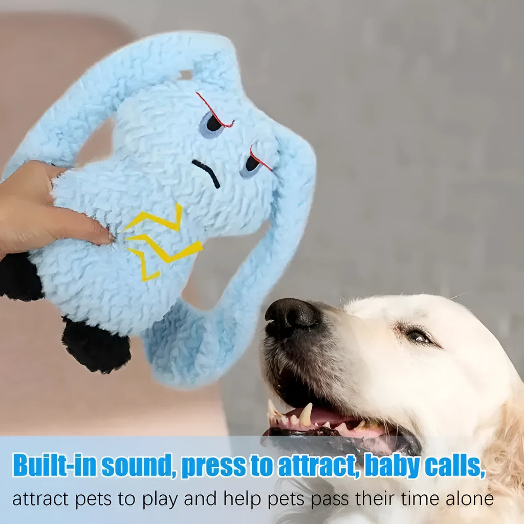 Bunny-shaped dog teething toy in blue, plush fabric with PP cotton filling, about 35 cm long