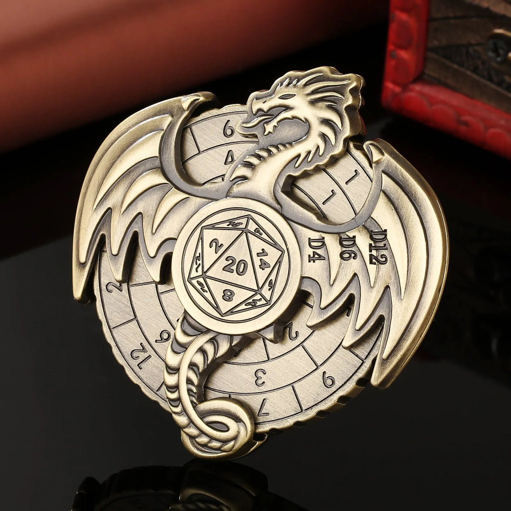 Retro metal fantasy style wings dice wheel with mechanical rotation in bronze finish