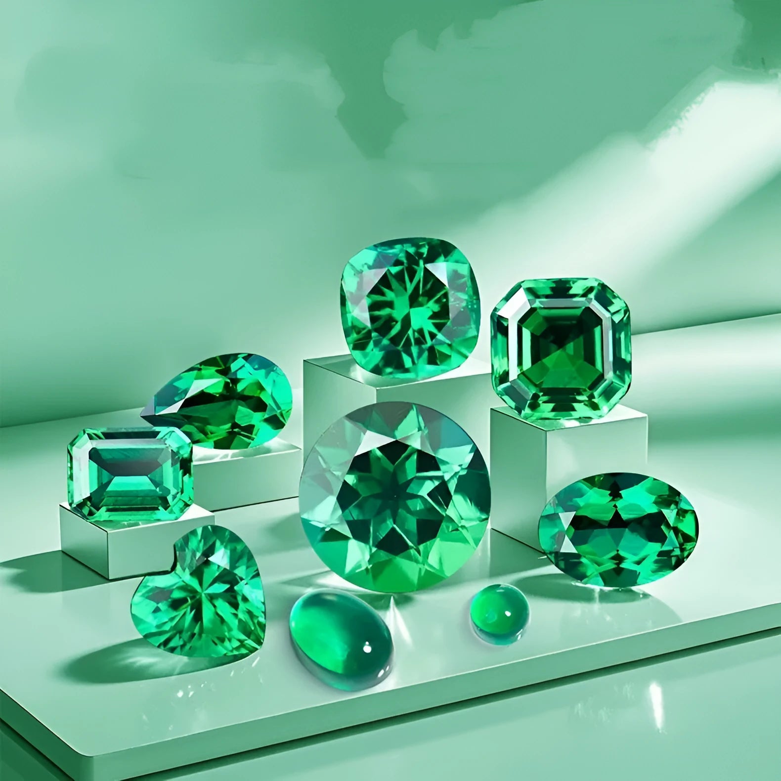 A loose cultivated emerald gemstone in a columbia green treasure colour on a white background.