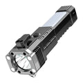 Silver portable flashlight with integrated power bank and LED light, showing plastic construction.