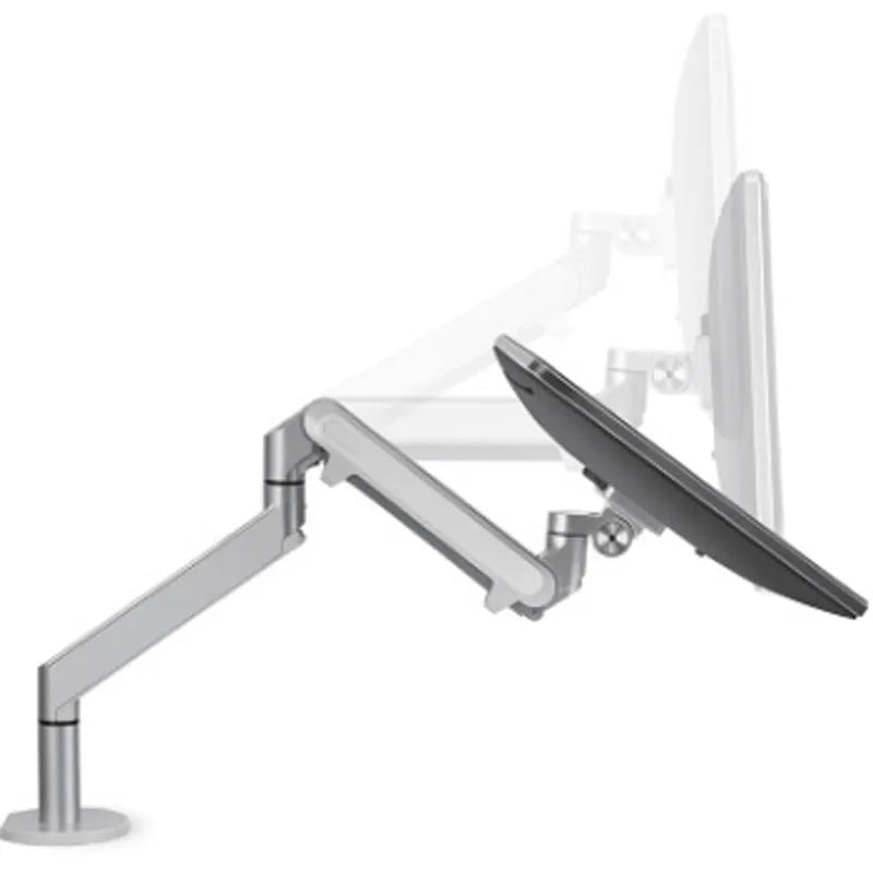 Aluminium alloy laptop stand with an adjustable air pressure arm in black colour on a wooden desk.