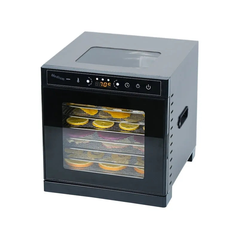 Stainless steel fruit dehydrator with multiple trays, LED control panel, and visual skylight design.