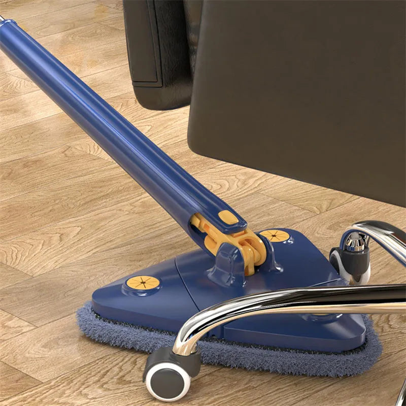 Extendable blue triangle mop with 360 rotating head and automatic water squeezing mechanism