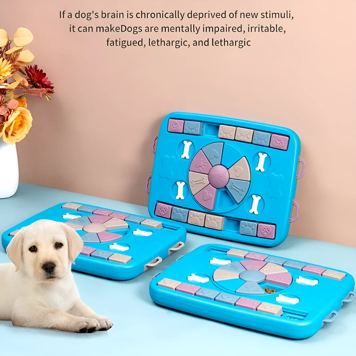 Blue interactive dog puzzle toy with four lockable handles, sliding panel and anti-skid base