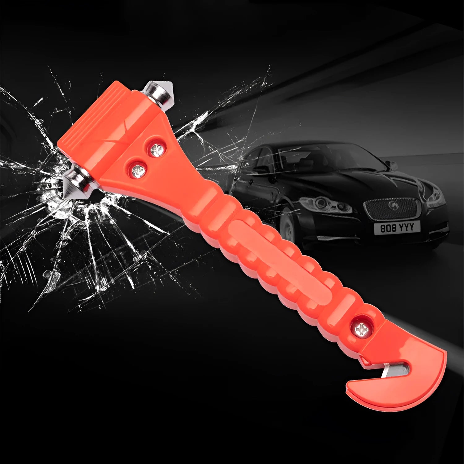 Red two-in-one car emergency hammer with window breaker and seatbelt cutter functions