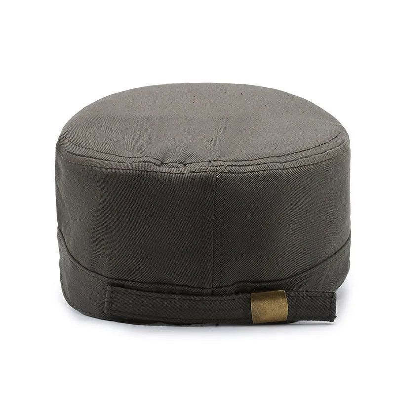 Men's cotton flat-top peaked cap in army green with adjustable size and English letters
