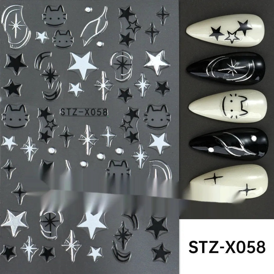 Black and silver striped cartoon pattern nail stickers with plastic application tool