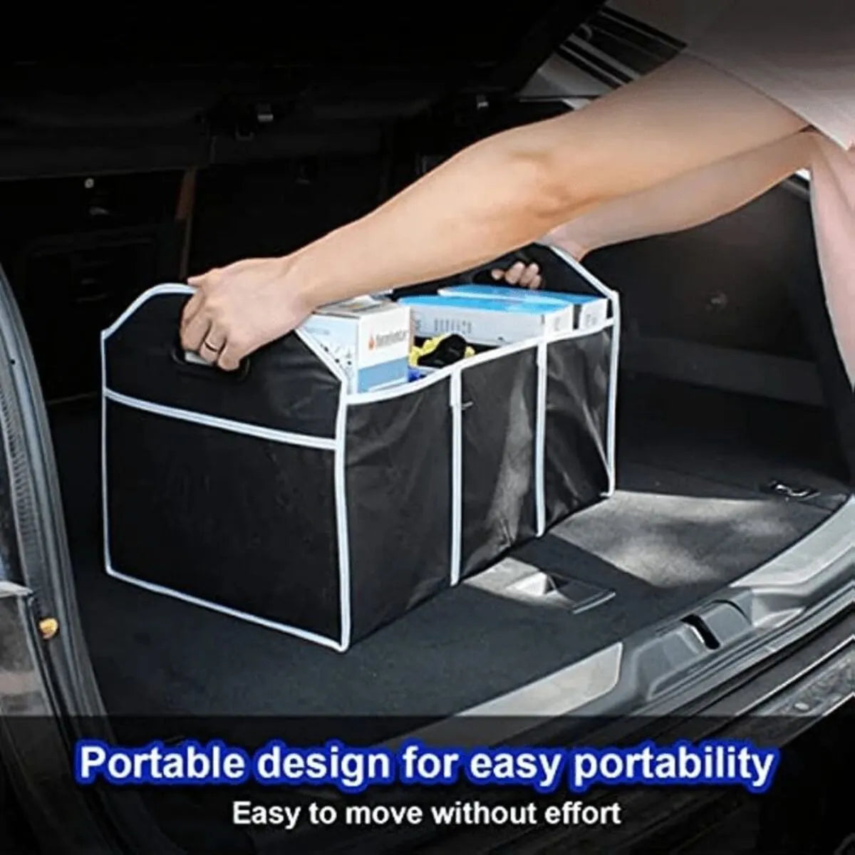 Black large capacity car multi-pocket trunk organizer with foldable lid in vehicle trunk