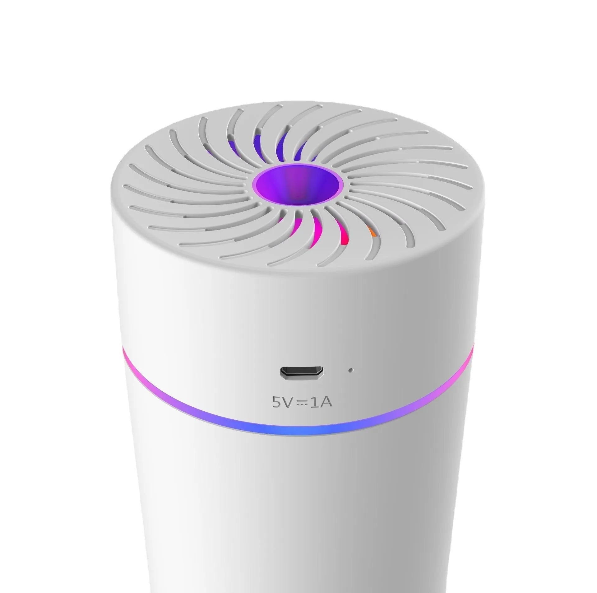 A compact white USB car humidifier for aromatherapy and air humidifying, shown with a power cable.