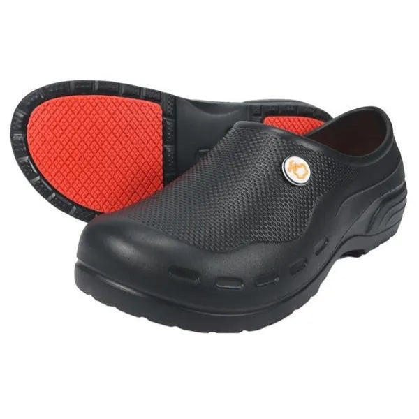 Men's non-slip work shoes in orange and black with PU upper and rubber sole