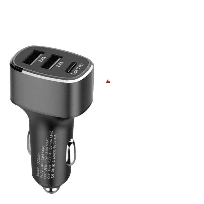 Dual USB and Type C car fast charger with QC 3.0 and PD support in black or grey