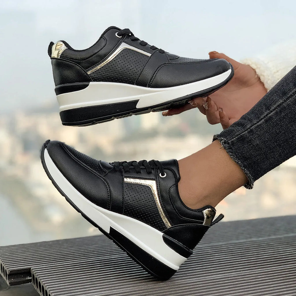 Women's milky white wedge platform casual shoes with front lace-up on a rubber sole.