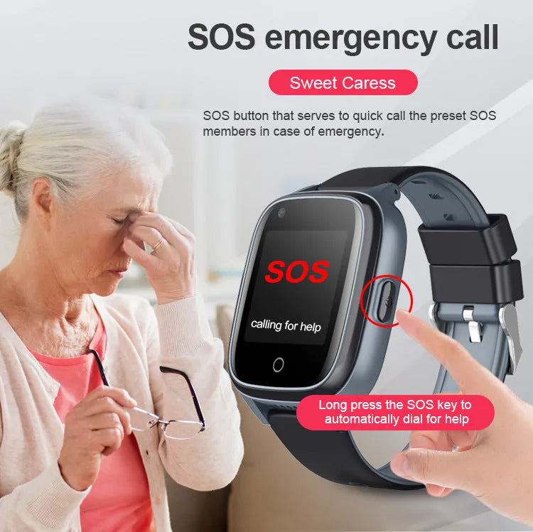 Black elderly positioning smart watch with 1.4 inch screen, plastic body, plus button, and wrist strap