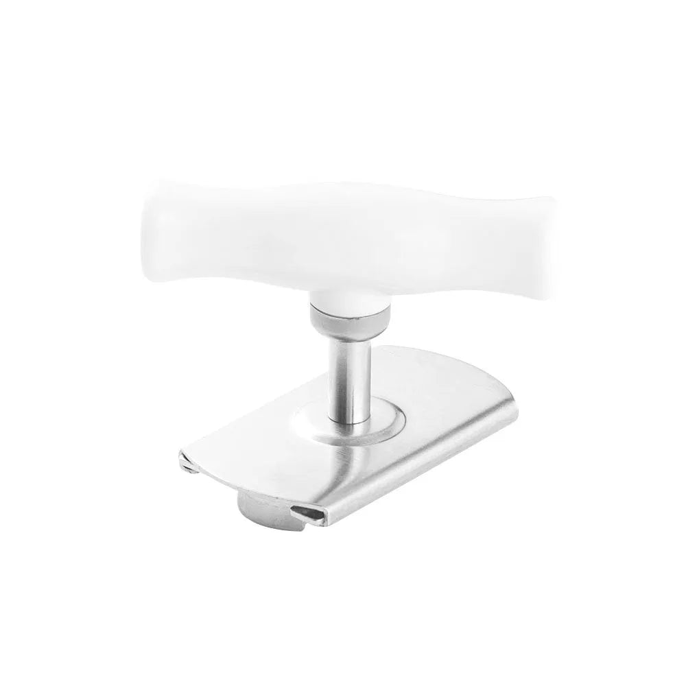 White stainless steel adjustable bottle opener with ABS plastic handle showing gear mechanism